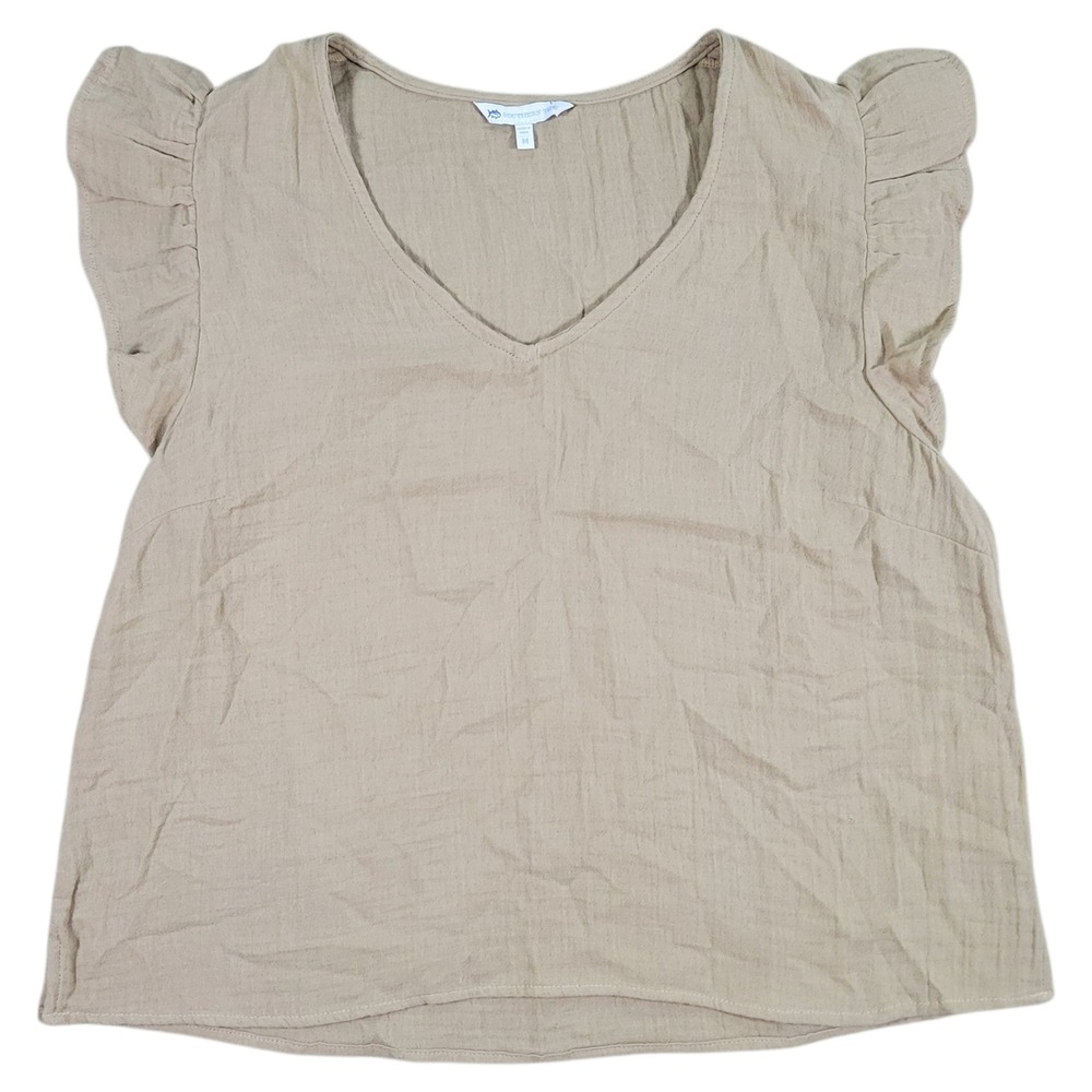Southern Tide Ruffle Sleeve Top Womens M Tan Cotton Gauze V-Neck Coastal Neutral